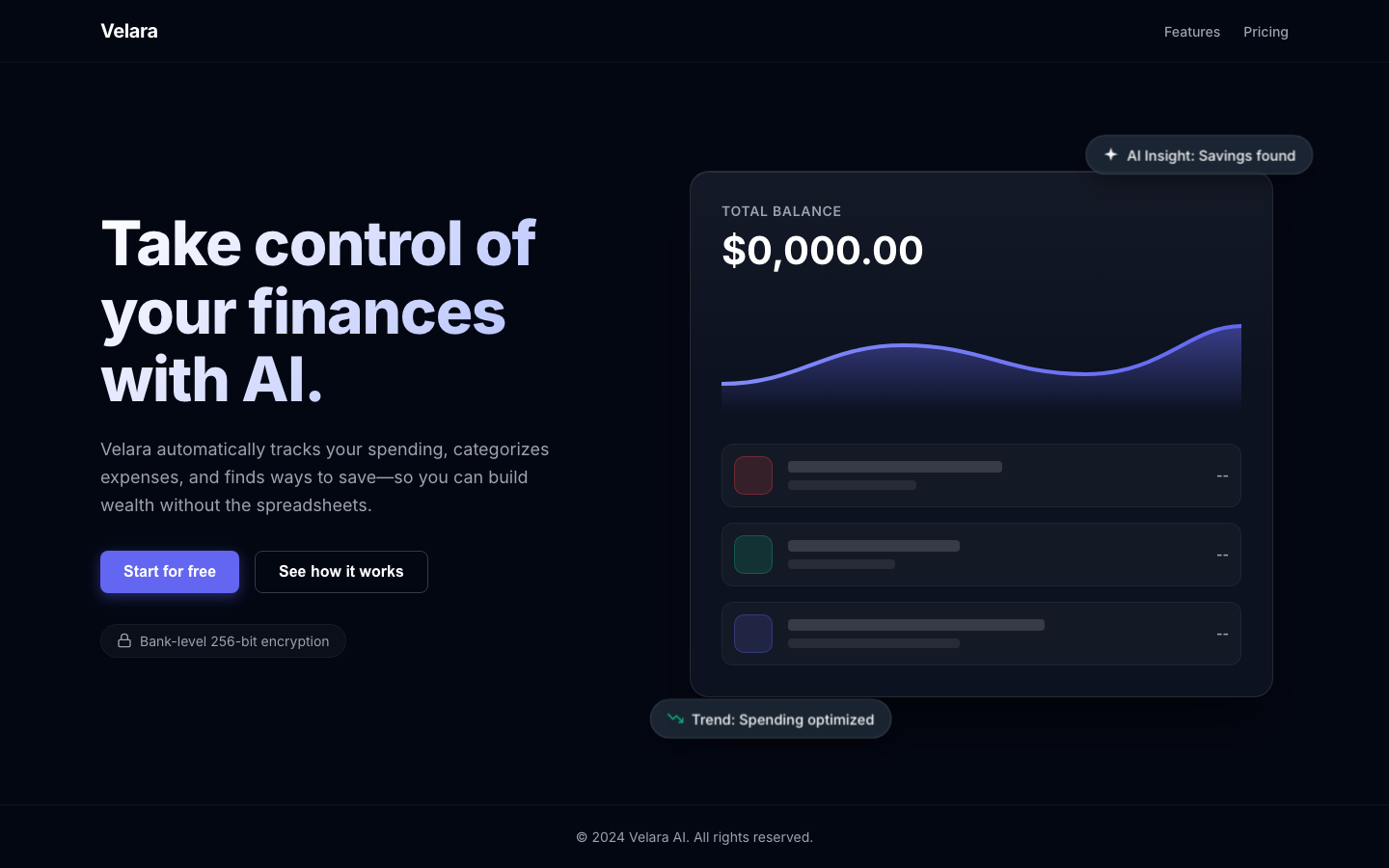 Screenshot of AI Budget Tracker Hero Velara