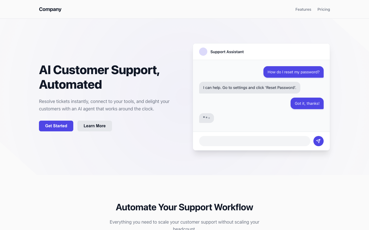 Screenshot of AI Customer Support Landing Page - Kelo