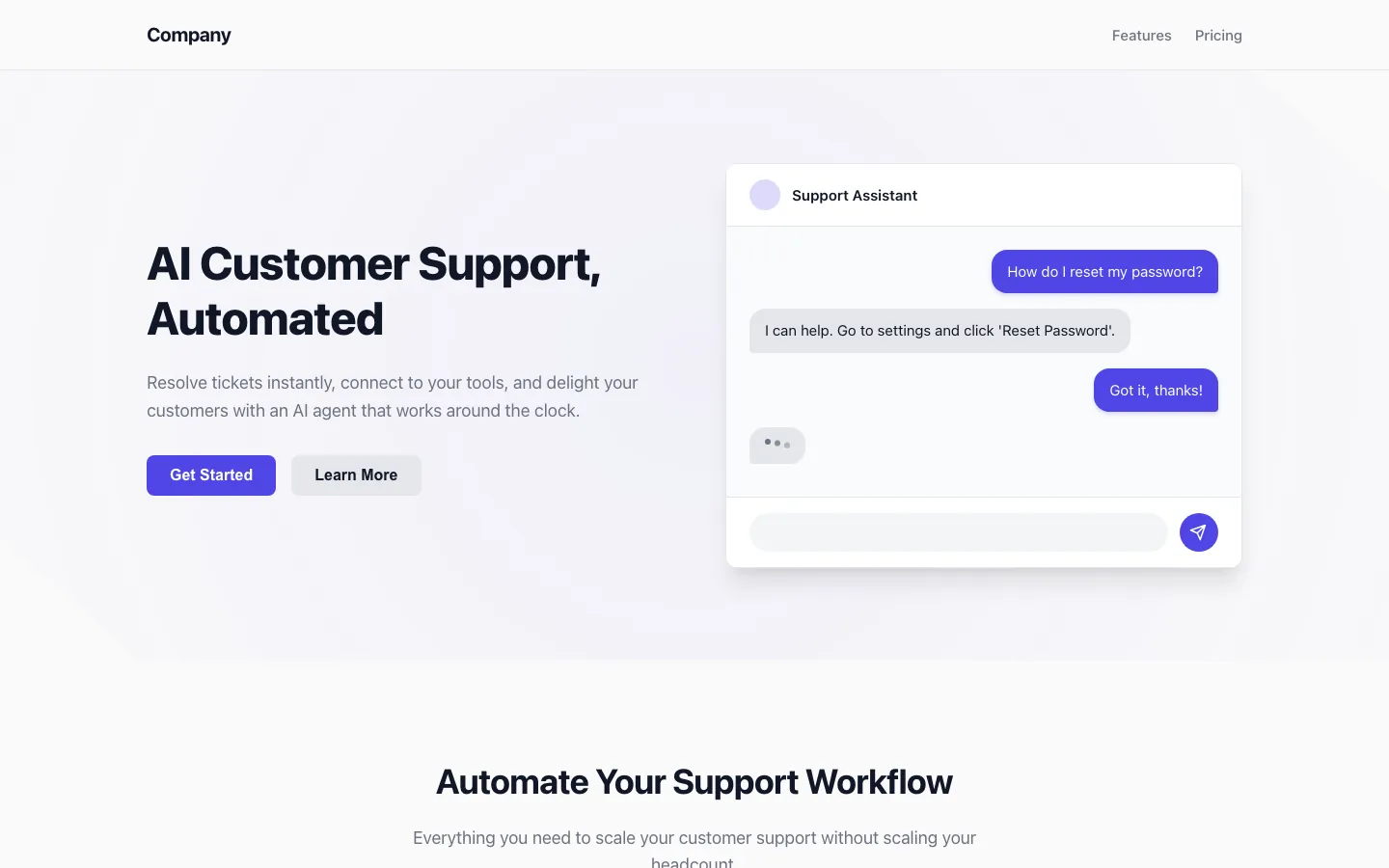Rendered preview of AI Customer Support Landing Page - Kelo