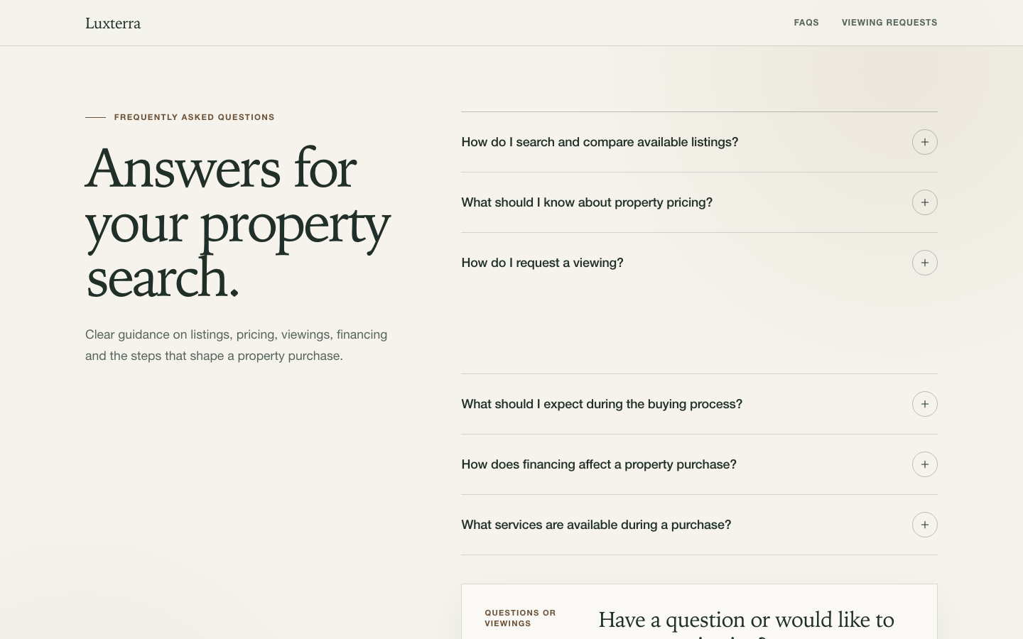 Screenshot of FAQs - Luxterra