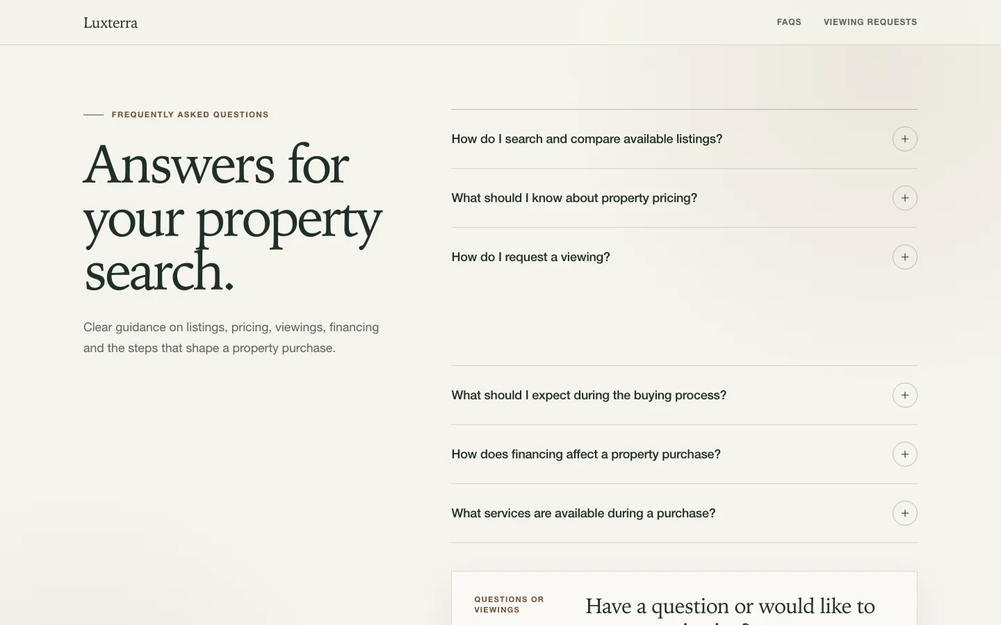 Rendered preview of FAQs - Luxterra