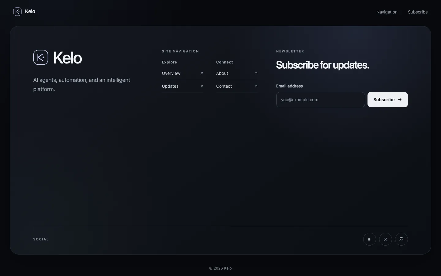 Rendered preview of Footer 02 Kelo