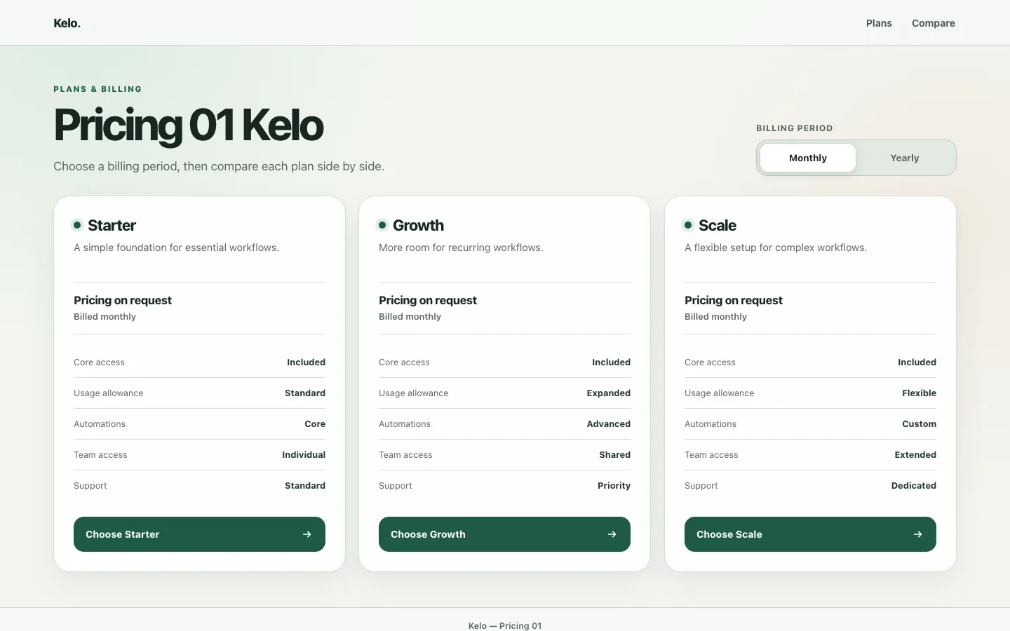 Rendered preview of Pricing 01 Kelo