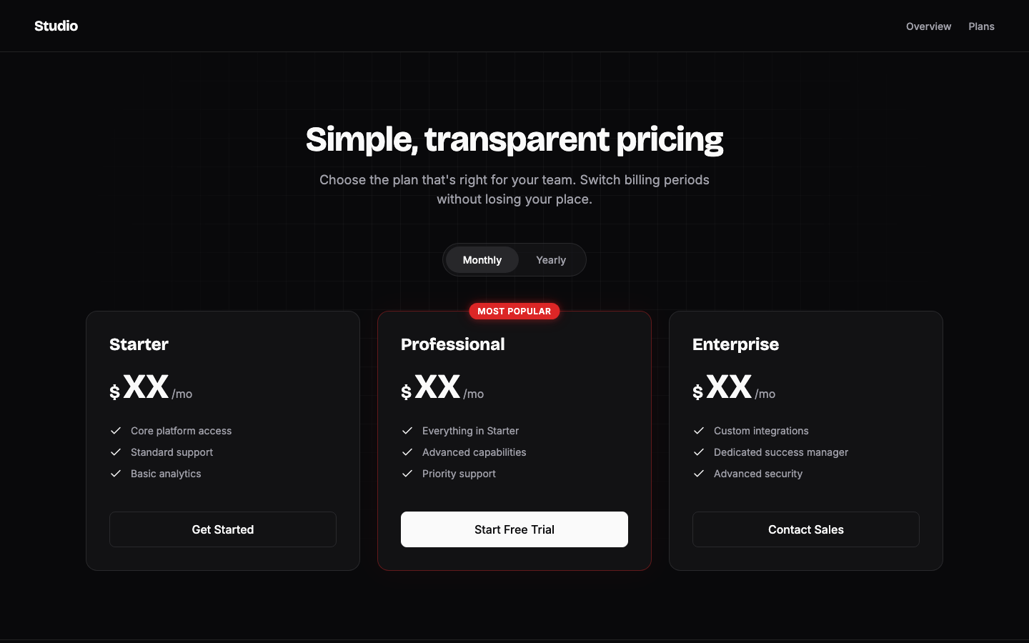 Screenshot of Pricing 3 Card Long