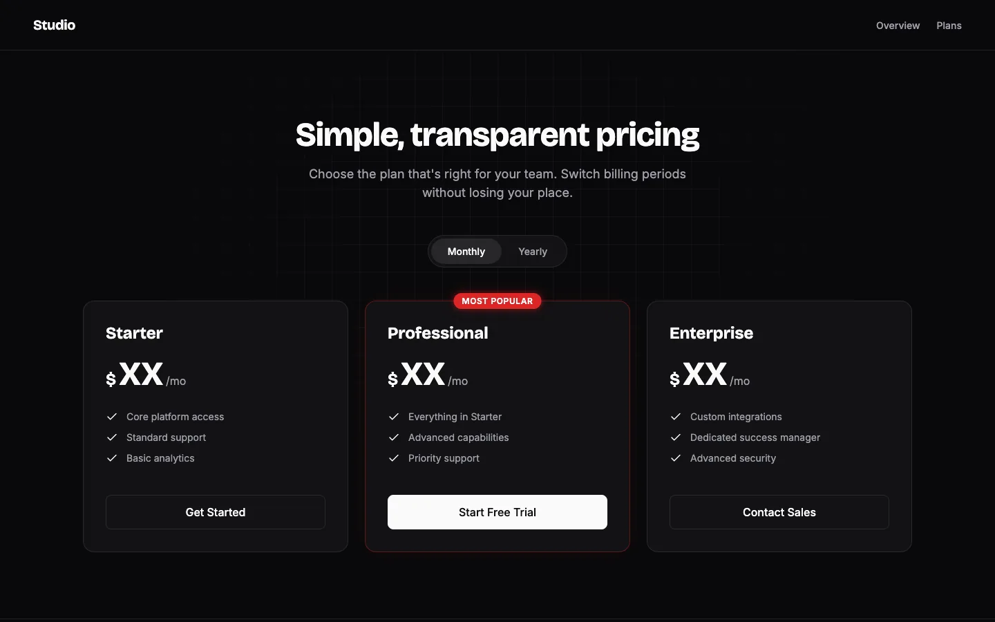 Rendered preview of Pricing 3 Card Long
